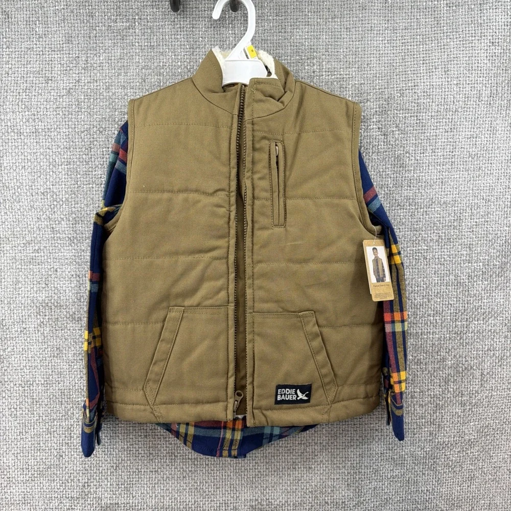 Eddie Bauer Kids Size 6 Tan Faux Sherpa Lined Vest‎ Blue Plaid Flannel Shirt Set